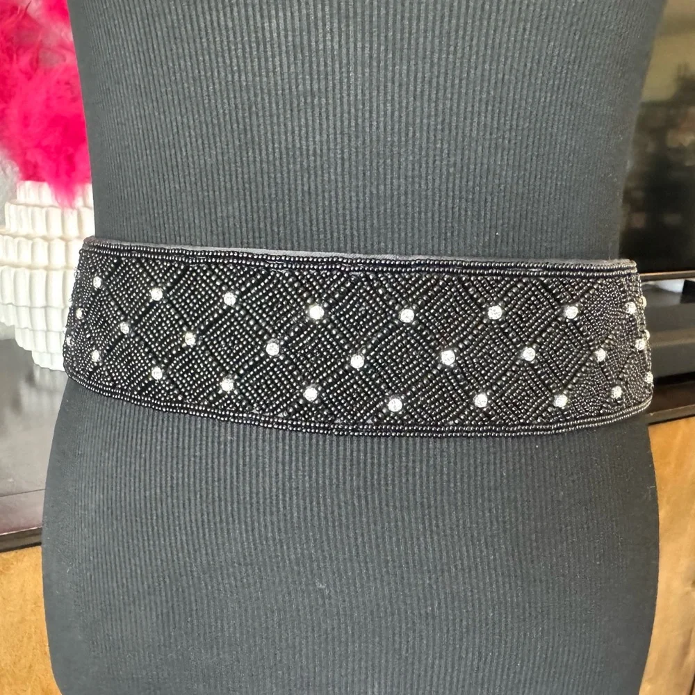 Magid Black Beaded Belt with Rhinestones